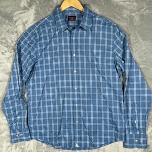 UNTUCKit Mens Slim Fit Blue Windowpane Check Performance Button Down Shirt Large